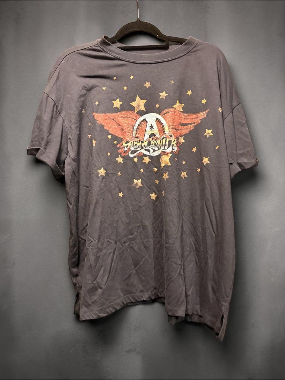 Aerosmith Short Sleeve Graphic Tee in Charcoal with Orange Wing Print